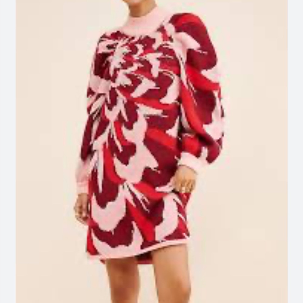Anthropologie Farm Rio Flower Knit Mini Dress Pink Red Sz L NEW - Picture 12 of 13